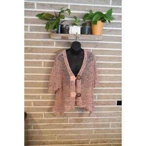 Pink Open Knit Boho Lagenlook Button Up Cardigan Top Kaktus Sz L Cotton sheer